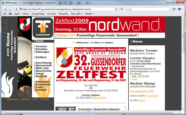 Die erste Website der FF Gussendorf: Stand Pfingsten 2009, kurz vor der Einführung der neun Site